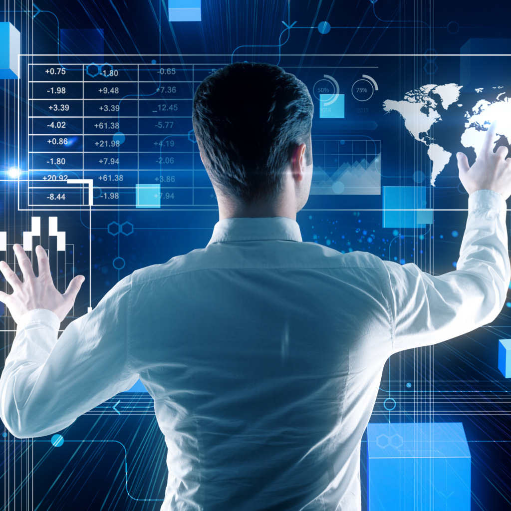 homem de terno mexendo em uma tela interativa de inteligência artificial tecnologia